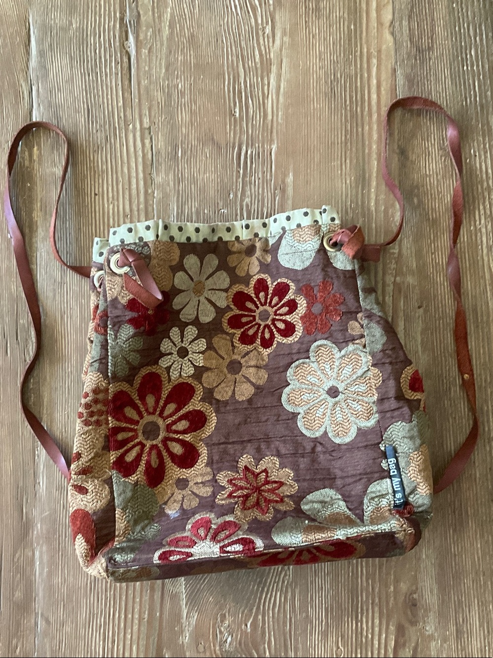 Handmade Embroidered Floral leather strap Backpack - Burgundy & Tan